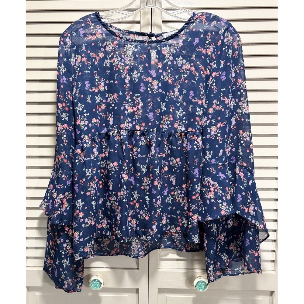 Crave Fame Floral Sheer/Chiffon Keyhole Long Bell Sleeve Size L Flowy Boho